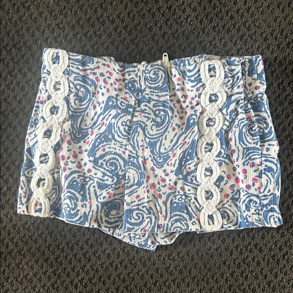 Girls Lilly Pulitzer Blue, White & Pink Printed Cotton Shorts with Crochet Trim